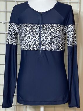 Athleta Navy with White Leopard Print Long-Sleeve Quarter Zip Top Size Small